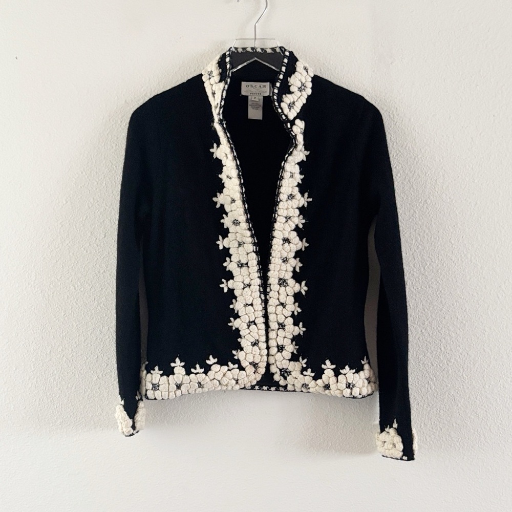 Oscar by Oscar de la Renta Vintage Black Wool Embellished Sweater Jacket Petite